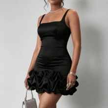 Women's Square-Neck Ruffle Mini Dress, Fitted Sleeveless Gown, Perfect For Stylish Date Nights And Urban Cocktail Events - màu đen - Xem 5