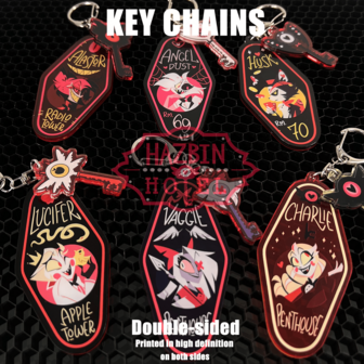 Llavero de acrílico semitransparente de lujo, diseño de personajes de dibujos animados lindos, que incluye ÁNGEL, Vaggie, Husk, Charlie, ALA, L Daddy, tema de personajes de dibujos animados únicos, estilo de tarjeta de habitación retro, adecuado para colgar en llaves de coche, bolsas, llaves, regalo creativo para amigos, familiares y fanáticos