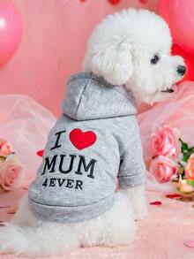 1pc Pet Clothes, Dog Cat Apparel, Happy Puppy Small Dog Casual Fashion Cute Comfortable "I Love Mom" Sweatshirt - Grey - View 2