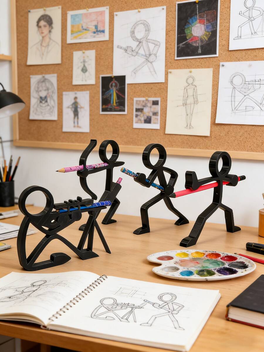 1件装3D打印简笔画人物铅笔架，包含笔筒、笔盒、桌面摆件、学习办公用品、文具和桌面雕塑。学生礼物，圣诞节和新年礼物。 - 彩色 - 查看 1