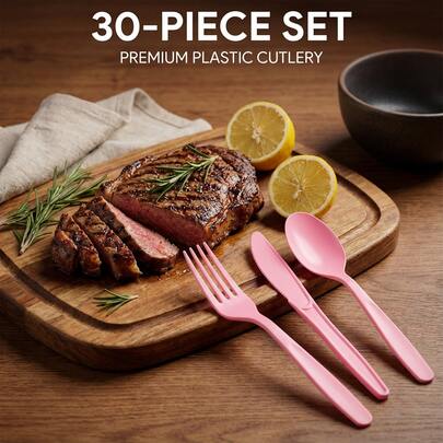 30-Piece Premium Pink Plastic Cutlery Set - Heavy Duty Disposable Silverware Includes 10 Forks, 10 Knives, 10 Spoons - Elegant Plastic Flatware For Weddings, Birthdays, Baby Showers & Picnics