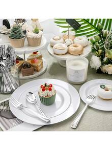 150/100/50/25/24/10/2pcs Silver Reusable Plastic Cutlery Set, Including Cake/Salad Forks, Spoons, Suitable For Home, Restaurant, Wedding, Outdoor, Birthday, Party, Holiday Gathering, Kitchen Accessories, Valentine's Day, Back To School Party, Gold/Silver Tableware, Multi-Color Cutlery, Heavy-Duty Knife, Fork And Spoon, Suitable For Party, Birthday, Wedding - Multicolor - View 3