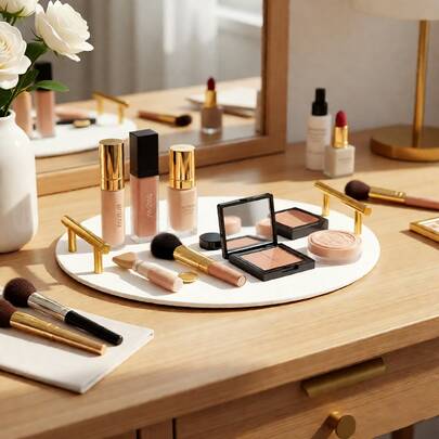 1个亚克力白色浴室托盘，带金色把手，化妆品展示托盘，适用于浴室、厨房、梳妆台