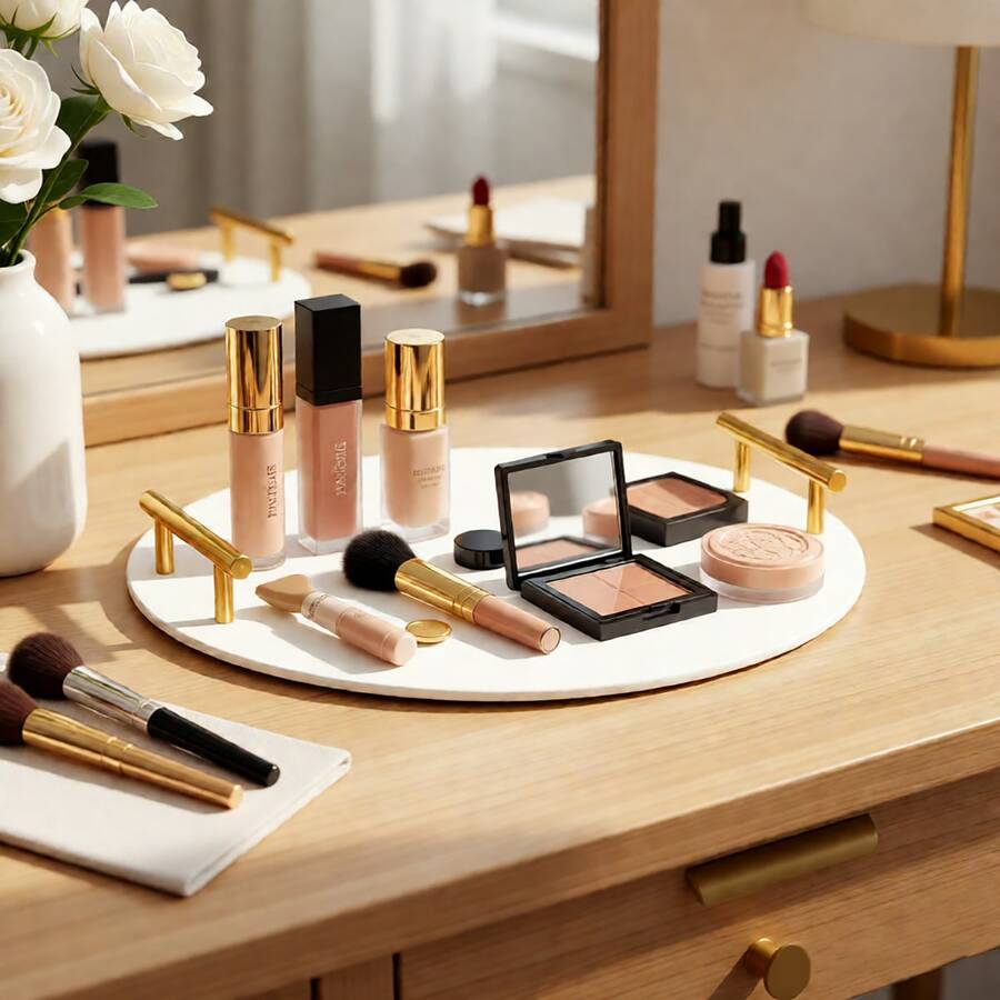 1个亚克力白色浴室托盘，带金色把手，化妆品展示托盘，适用于浴室、厨房、梳妆台 - 彩色 - 查看 1