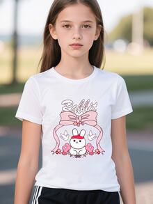 Blusas para niñas, camisetas para niños, ropa infantil, blusas para mujeres, camisetas para mujeres, camisetas para adolescentes. Camiseta gráfica de conejo blanco lindo para niñas - Camiseta de manga corta adorable con un conejito juguetón con una diadema roja rodeada de flores rosadas, conjunto de verano divertido para aventuras al aire  citas de juegos. Impresión linda, cómoda y suave, conjunto para padres e hijos, reunión familiar, reunión de amigos, estilo deportivo, moderno y simple para niños de 3 a 13 años. - Blanco - Ver 7