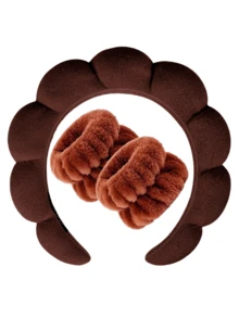 1pc Facial Headband / 2pcs Facial Wristbands / 3sets Spa Headband, Makeup Headband, Facial Headband, Skincare Headband, Pink Velvet Fluffy Sponge Headband, Bow, Scrunchie, Spa Headband, Wristband, Women And Girls Hair Accessories Set