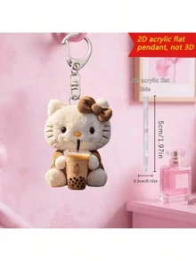 2D Flat, Sanrio 2D Flat Hello Kitty Hugging Bubble Tea Keychain, Cute Pendant, Holiday Gift Decoration, Car Key Chain, Backpack Wallet Key Chain, Women's Fashion Bag Charm, Suitable For Christmas, Carnival, New Year Pendant Keychain, Perfect Women's Accessory.