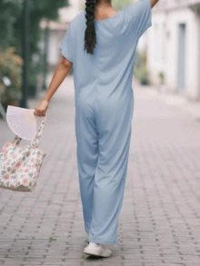 Women's Casual Solid Color V-Neck Pocket Short Sleeve Jumpsuits, Y2K Style Women's Clothing, Suitable For All Seasons, With Multiple Pocket Designs, Suitable For Outdoor Outfits, Cocktail Parties, Parties, Christmas, Nightclubs, Banquets Film Festivals, Cinemas, Balls, Cocktail Parties, Bars, Weddings, Graduation Ceremonies, Homecoming, Birthday Parties, Rebellious Girls, Festival-Themed Parties, Outings, Streetwear, Fashion Shows, Dates, Valentine's Day, Working Outside Universities, Schools, Villages, Concerts, Street Girls, Teenage Girls, Country-Style Women's Clothing, The Best Women For Outings, Ladies' Vacation Clothing, Country Concerts - Màu xanh lam - Xem 5