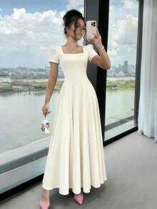 Long Dress With Short Sleeves, Square Neckline, Solid Color, Elegant, Sizes S M L - Màu be - Xem 4