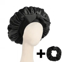 2pcs/Set "Spacious Space" Luxurious Solid Color Satin Bonnet With Satin Scrunchies Large Soft Silky Satin Bonnet For Sleeping Satin Hair Bonnet Night Cap Hair Care Hat With Tie Band Bonnets For Curly/Braided/Natural Hair, Available In Multiple Colors, Essential For Nighttime Hair Care, Soft And Close Fit For Hair, Premium Bathroom Accessories, Barber Salon Hair Products And Accessories, Beauty Travel Essentials - Multicolor - View 2