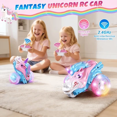 2.4GHz Remote Control Unicorn Stunt Car Toy With Colorful LED Lights, Rechargeable Battery, Perfect New Year/Birthday Gift For Boys And Girls