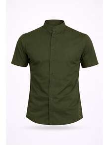Men's Dress Shirt With Mandarin Collar, Slim Fit, Luxury Short Sleeve, Premium Fabric - Army Green - View 4