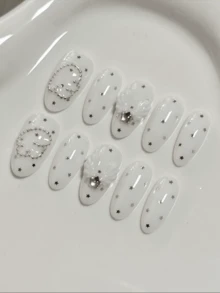 10pcs Handmade Short Almond-Shaped Nail Stickers, Pure White With Starfish Shell And Rhinestone Decor, 3D Texture And Shiny Chain, Suitable For Wedding Guests, Brides, Dates, Daily Outings, Valentine's Day And More, Reusable, Easy To Apply And Remove, Ideal For Minimalist And Feminine Nail Art Enthusiasts - Multicolor - View 3