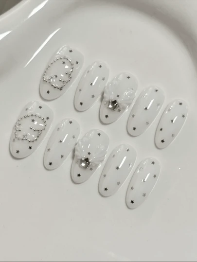 10pcs Handmade Short Almond-Shaped Nail Stickers, Pure White With Starfish Shell And Rhinestone Decor, 3D Texture And Shiny Chain, Suitable For Wedding Guests, Brides, Dates, Daily Outings, Valentine's Day And More, Reusable, Easy To Apply And Remove, Ideal For Minimalist And Feminine Nail Art Enthusiasts