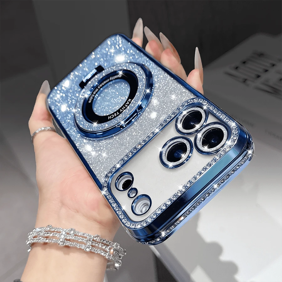 Luxury Shiny Sequin Camera Rhinestone Ring Holder Phone Case, Compatible With IPhone 17 Pro Max Air 16 15 14 13 12 11 Pro Max X XS MAX 6S 7 8 Plus SE2 3, Orange, Silver, Pink Gradient Sequin Electroplated Phone Case, Suitable For Girls And Women
