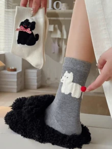 5 Pairs Cartoon Animal Flocked Mid-Calf Socks, Harajuku Style Socks, Suitable For All Seasons - Multicolor - View 8