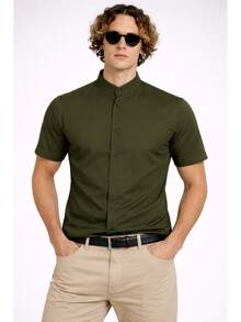 Men's Dress Shirt With Mandarin Collar, Slim Fit, Luxury Short Sleeve, Premium Fabric - Army Green - View 1