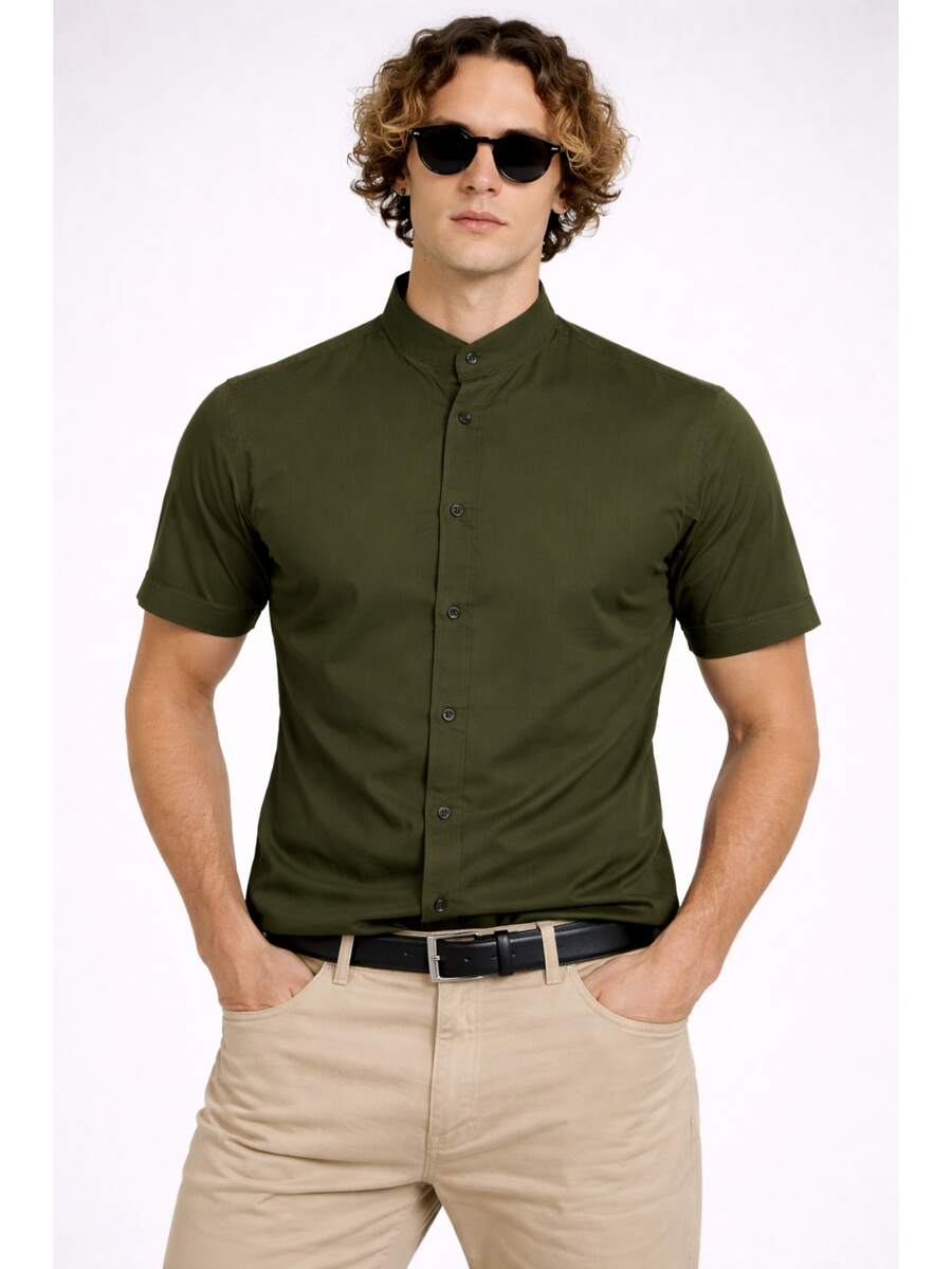 Men's Dress Shirt With Mandarin Collar, Slim Fit, Luxury Short Sleeve, Premium Fabric - Army Green - View 1