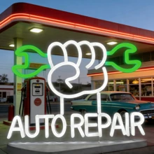 1个白色和蓝色扳手形状的LED霓虹灯车库墙面装饰招牌，USB字母车库招牌，车库门汽车修理店霓虹灯