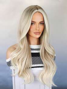 Light Gold Synthetic Wig, Women's Long Wavy Brown Gradient Blonde Wig, Split Wig, Daily Role-Playing Natural Wig - Gold - View 5