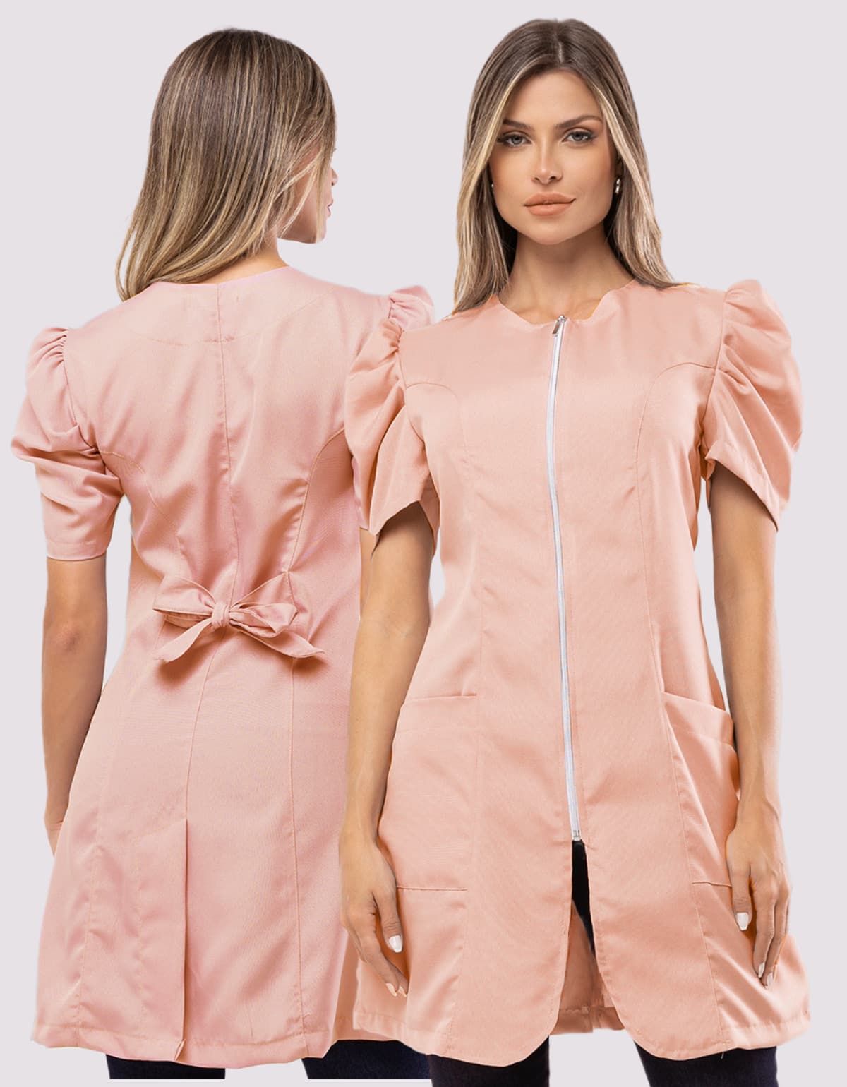 Women's Short Sleeve Lab Coat With Zipper And Fitted In Oxford Lun - Beige - View 1
