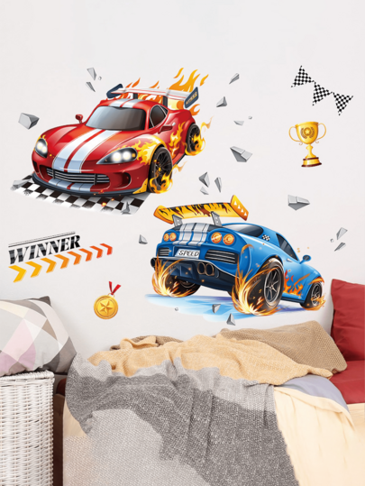 1 Set Car Crashing Wall Decal Stickers, Removable PVC Self-Adhesive Decor For Kids Room, Entryway, Living Room, Outdoor Wall, Racing, Calligraphy