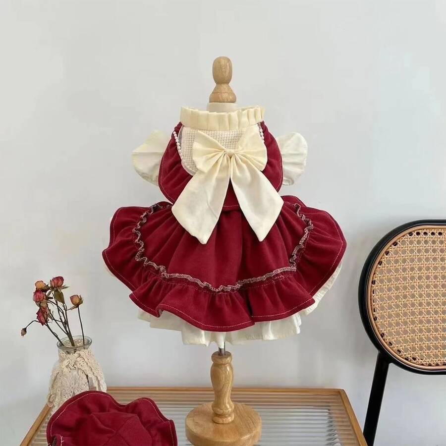 1pc Vintage Valentine's Day Bow Decor Ruffle Pearl Dress For Pets, Dog/Cat Clothes, Teddy/Poodle Dress - Red and White - View 1