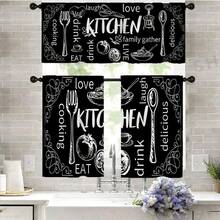 1pc/2pcs Set Pastoral Theme Kitchen Utensil Cooking Print Curtain, Rod Pocket Pastoral Kitchen Curtain, Cafe Curtain, Living Room Office Bedroom Home Decor Curtain - Black - View 1