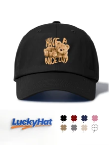 1pc Printed "Lucky Bear" Casual Retro Baseball Cap, Adjustable, Monochrome, Suitable For Streetwear And Everyday Wear, Animal Themed Dad Hat - Baseball Cap - View 4