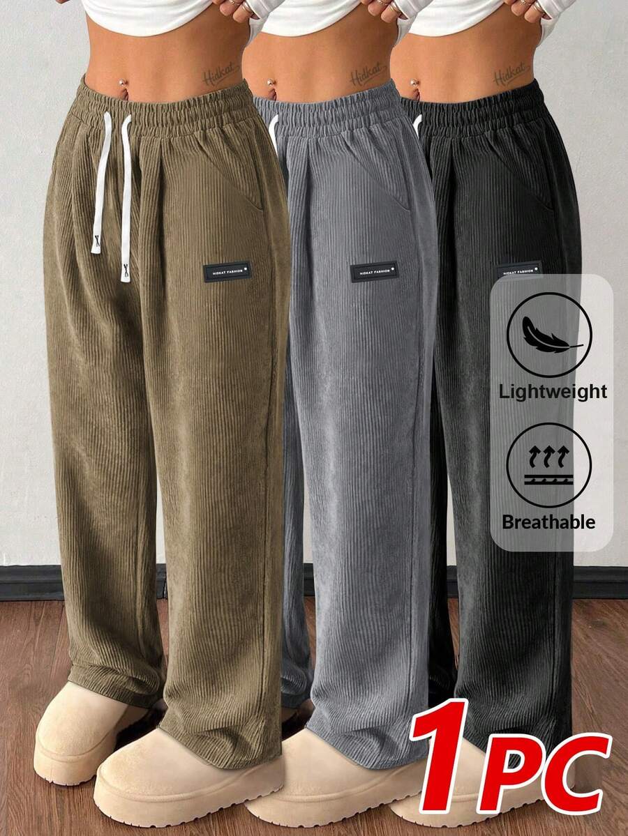 Hidkat Women's Corduroy Casual Straight Leg Pants, Solid Color Drawstring Vintage Pockets, Breathable & Comfortable, Suitable For Daily Activities, Autumn/Winter - Brown - View 1