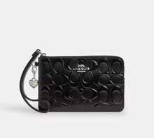 Coach Corner Zip Wallet Wristlet Bag In Signature Canvas With Stripe,Purses And Bags Women Wallet Bags For Women Christmas Gift For Her CW854 - Màu đen bóng - Xem 4