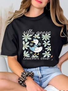 Camiseta De Profesor De Gansos Tonto: Divertida Tee Floral Camiseta - Negro - Ver 2