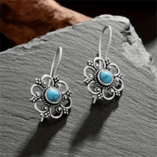 一对波西米亚复古镶嵌仿绿松石花朵耳环，时尚个性化派对珠宝礼物（女士款） - 復古銀色 - 查看 3