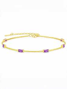 Luxury Riviera Baguette Bracelet, Gold/Silver Plated | Copper Base | Colored Cubic Zirconia | 18cm + 5cm Adjustable | With Pouch - Roxo - Xem 1