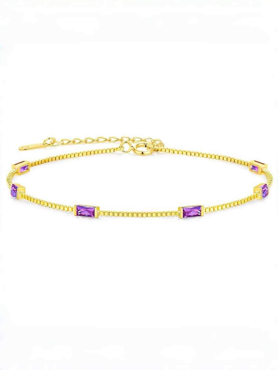 Luxury Riviera Baguette Bracelet, Gold/Silver Plated | Copper Base | Colored Cubic Zirconia | 18cm + 5cm Adjustable | With Pouch - Roxo - Xem 1