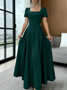 Long Dress With Short Sleeves, Square Neckline, Solid Color, Elegant, Sizes S M L - 軍綠色 - 查看 1