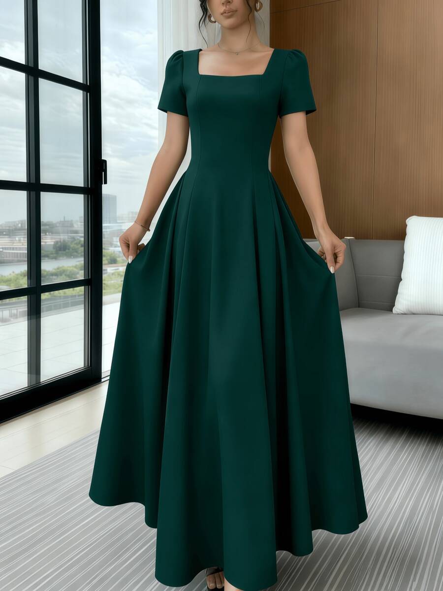 Long Dress With Short Sleeves, Square Neckline, Solid Color, Elegant, Sizes S M L - xanh quân đội - Xem 1