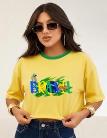 Women's Cropped Top, Brazil, Oversized, Modern Green And Yellow Print, High Quality - Kuning - View 1