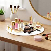 1个亚克力白色浴室托盘，带金色把手，化妆品展示托盘，适用于浴室、厨房、梳妆台 - 彩色 - 查看 3