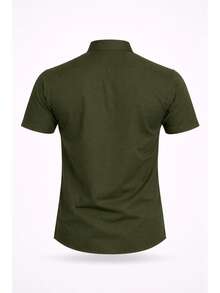 Men's Dress Shirt With Mandarin Collar, Slim Fit, Luxury Short Sleeve, Premium Fabric - Army Green - View 5