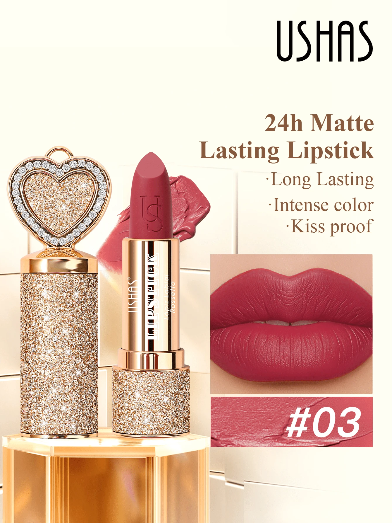 USHAS哑光唇膏，12种颜色可选，持久防水，滋润保湿，不粘腻，心形唇膏管设计，适合所有肤色