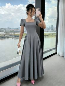 Long Dress With Short Sleeves, Square Neckline, Solid Color, Elegant, Sizes S M L - Grey - View 4