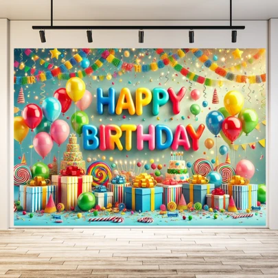 1pc Birthday Party Joyful Atmosphere Background Banner, Made Of Polyester Material, Birthday Cake, Gift, Suitable For Living Room, Bedroom, Office, Outdoor Party And Holiday Gift, Birthday Party Decoration, Photography Background Decoration, Happy Birthday