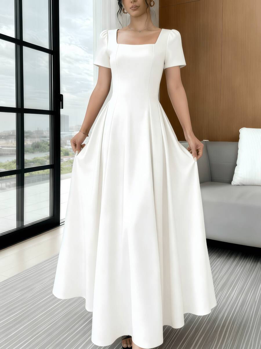 Long Dress With Short Sleeves, Square Neckline, Solid Color, Elegant, Sizes S M L - trắng - Xem 1