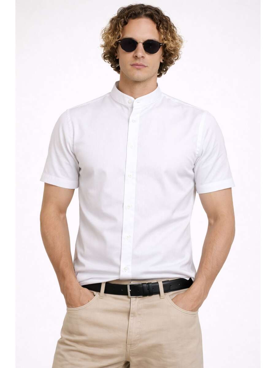 Men's Dress Shirt With Mandarin Collar, Slim Fit, Luxury Short Sleeve, Premium Fabric - White - View 1