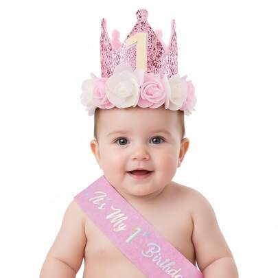 一套婴儿生日派对用品，闪光面料和缎面材质，适合2/3/4/5岁宝宝生日，包括皇冠头饰、花冠头饰、印有“It's My Birthday”字样的缎带腰带、5英寸发箍，公主风派对用品，庆典服装配饰