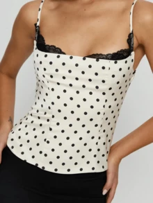 Women Polka Dot Y2K Cami Top Lace Trim Spaghetti Strap Tank Top Fairy Backless Dot Print Going Out Camisole - 白色 - 查看 5