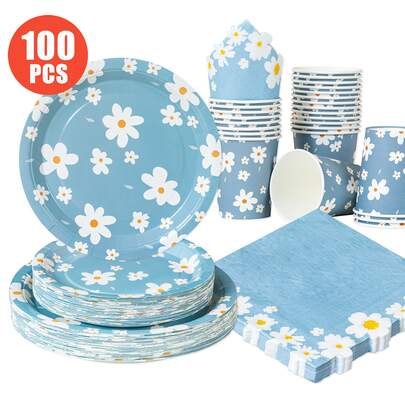Blue & White Daisy Disposable Plates, Napkins, Cups - 25 Guest Party Supplies Set, Suitable For Birthday, Wedding, Theme Party, Family Picnic