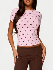Polka Dot Tops For Women Y2K Short Sleeve Crop Top Vintage Cute Slim Fit Crew Neck Shirt Going Out Streetwear - Hồng - Xem 2