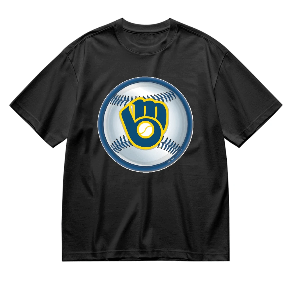 Men Baseball Fan Cotton T Shirt Round Neck Short Sleeve Sport Tee For Game Day And Team Support - Milwaukees Brewers Logo Baseball Design With Classic Glove And Ball Graphic In Navy Blue And Gold Colors - Perfect For Watching Baseball Games Outdoor Events Sports Festivals And Team Spirit Wear For Fans Of American Professional Baseball Teams And Athletic Culture - 黑色 - 查看 1